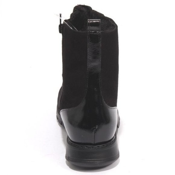 ITALIAN Black Suede Patent Leather Fur Ankle Boots - Picture 5 of 9